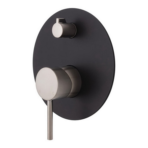 Kaya Upright Wall Diverter Mixer Large Round Plate PVD Brushed Nickel with Matte Black Plate [201634]