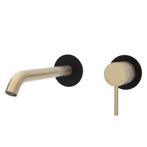 Kaya Wall Basin/Bath Mixer Set Round Plate PVD Urban Brass with Mate Black Plate 200mm Outlet [201686]