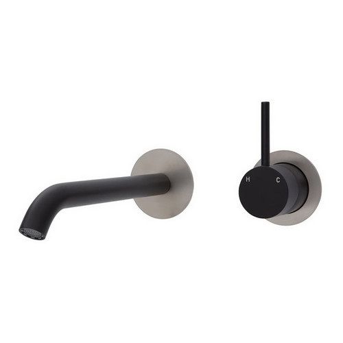 Kaya Up Wall Basin/Bath Mixer Set Round Plate Matte Black with PVD Brushed Nickel Plate 200mm Outlet [201816]