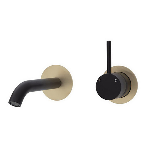 Kaya Up Wall Basin/Bath Mixer Set Round Plate Matte Black with PVD Urban Brass 160mm Outlet [201825]