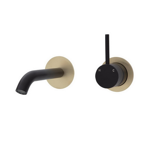 Kaya Up Wall Basin/Bath Mixer Set Round Plate Matte Black with PVD Urban Brass 160mm Outlet [201825]