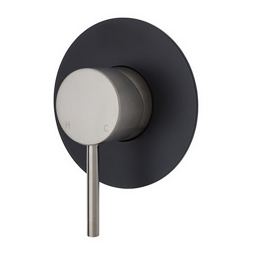 Kaya Wall Bath/Shower Mixer Large Round Plate PVD Brushed Nickel with Matte Black Plate [201609]
