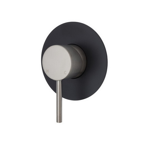 Kaya Wall Bath/Shower Mixer Large Round Plate PVD Brushed Nickel with Matte Black Plate [201609]