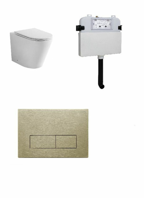 Java Rimless Floor Standing Pan w/Square Stainless Steel Brushed Gold Flush Plate & Cistern 4Star [203105]