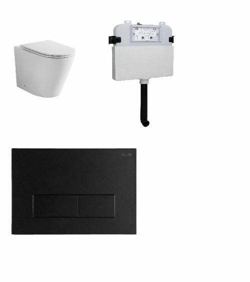 Java Rimless Floor Standing Pan with Square Stainless Steel Matt Black Flush Plate and Cistern [203108]