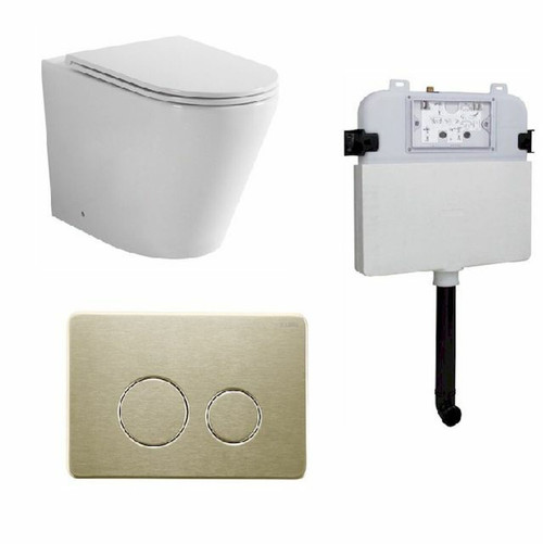 Java Rimless Floor Standing Pan w/Round Stainless Steel Brush Gold Flush Plate & Cistern 4Star [203099]