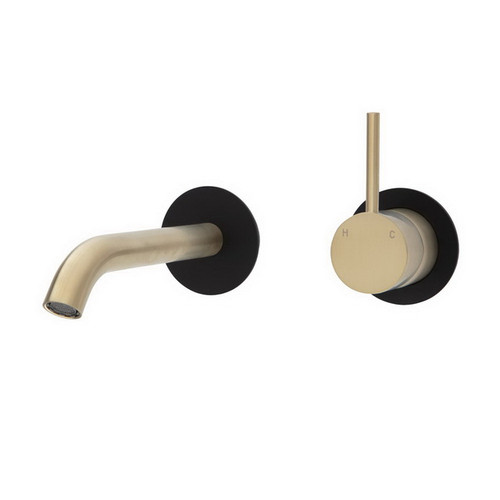 Kaya Up Wall Basin/Bath Mixer Set Round Plate PVD Urban Brass with Mate Black Plate 160mm Outlet [201835]