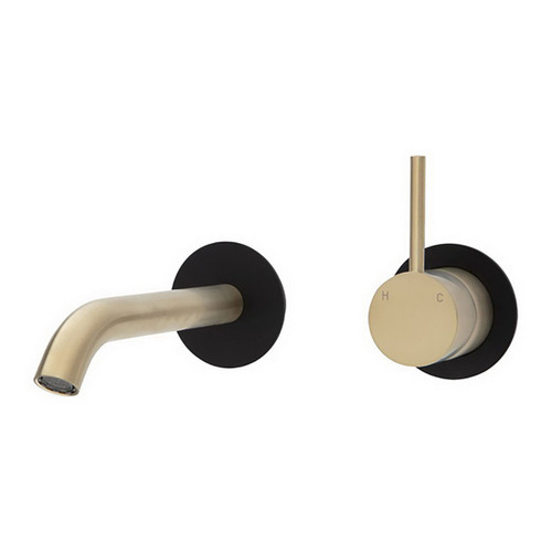 Kaya Up Wall Basin/Bath Mixer Set Round Plate PVD Urban Brass with Mate Black Plate 160mm Outlet [201835]