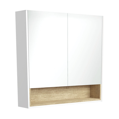 Mirror Cabinet w/Display Shelf 900mm Satin White w/Scandi Oak Insert [191559]