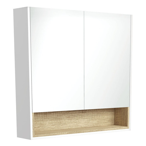Mirror Cabinet w/Display Shelf 900mm Satin White w/Scandi Oak Insert [191559]