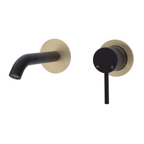 Kaya Wall Basin/Bath Mixer Set Round Plate Matte Black with PVD Urban Brass 160mm Outlet [201675]