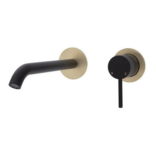 Kaya Wall Basin/Bath Mixer Set Round Plate Matte Black with PVD Urban Brass 200mm Outlet [201676]