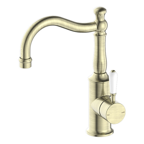 York Basin Mixer (Hook Spout) with White Porcelain Lever 5Star Aged Brass [286970]