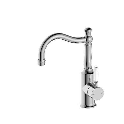 YYork Basin Mixer (Hook Spout) with White Porcelain Lever 5Star Chrome [286969]