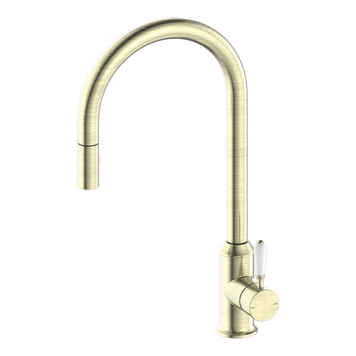 York Sink Mixer (Pull-Out Veggie Spray Function) with White Porcelain Lever 6Star Aged Brass [286902]