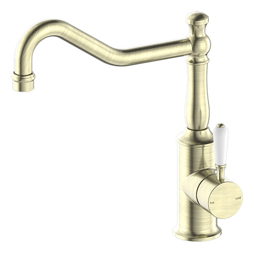 York Sink Mixer Hook Spout with White Porcelain Lever 5Star Aged Brass [287026]