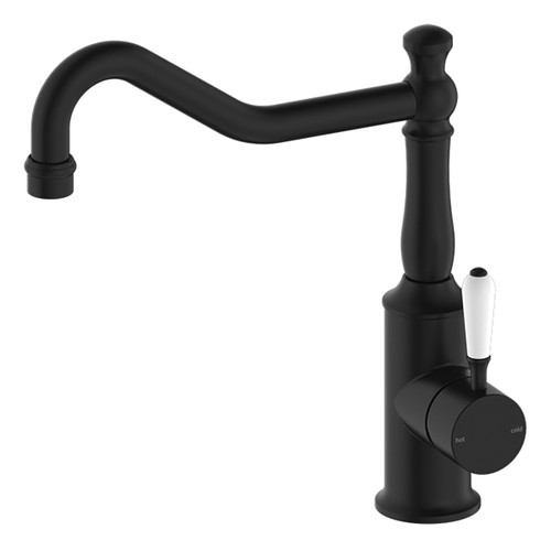 York Sink Mixer Hook Spout with White Porcelain Lever 5Star Matte Black [286901]