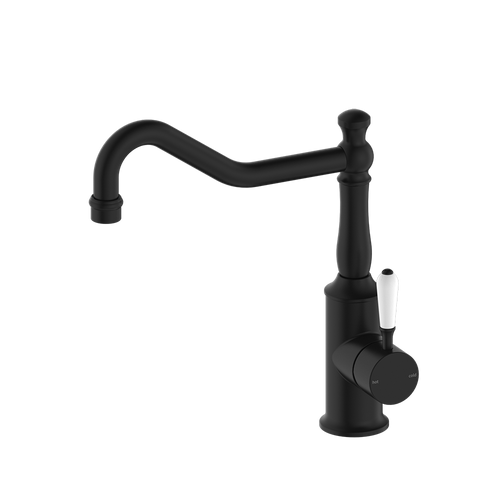 York Sink Mixer Hook Spout with White Porcelain Lever 5Star Matte Black [286901]