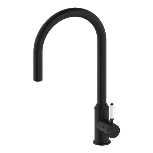 York Sink Mixer (Pull-Out Veggie Spray Function) with White Porcelain Lever 6Star Matte Black [286976]