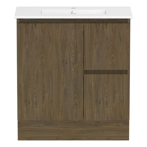 Ascot Floor or Wall Mount Slim Vanity 750mm 2 Drawer RH 1 Door Natural Walnut [294551]