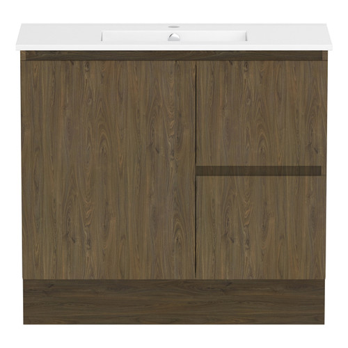 Ascot Floor or Wall Mount Slim Vanity 900mm 2 Drawer RH 1 Door Natural Walnut [294618]