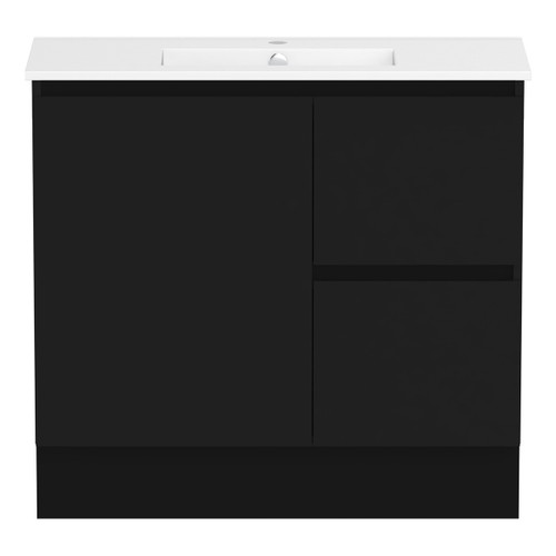 Ascot Floor or Wall Mount Slim Vanity 900mm 2 Drawer RH 1 Door Black [294614]
