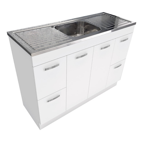 Cabinet On Kickboard 2 Door 2 Left Hand & 2 Right Hand Drawer 304 Stainless Steel 1200mm White 1 Tap Hole [158256]