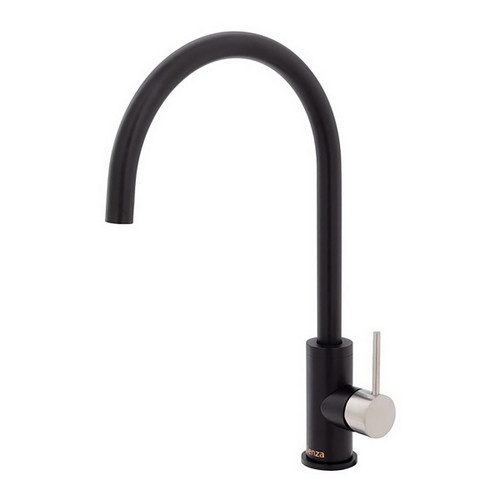 Kaya Gooseneck Sink Mixer Pin Lever Matte Black with PVD Brushed Nickel Handle [201689]