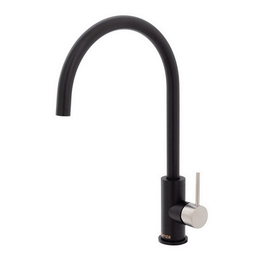 Kaya Gooseneck Sink Mixer Pin Lever Matte Black with PVD Brushed Nickel Handle [201689]