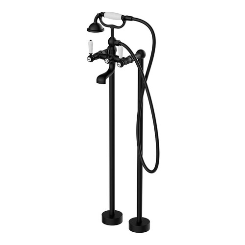 York Freestanding Bath Set With White Porcelain Hand Shower Matte Black [297271]