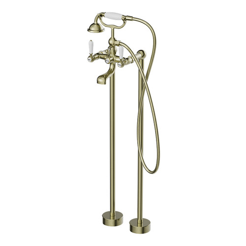 York Freestanding Bath Set With White Porcelain Hand Shower Aged Brass [297273]