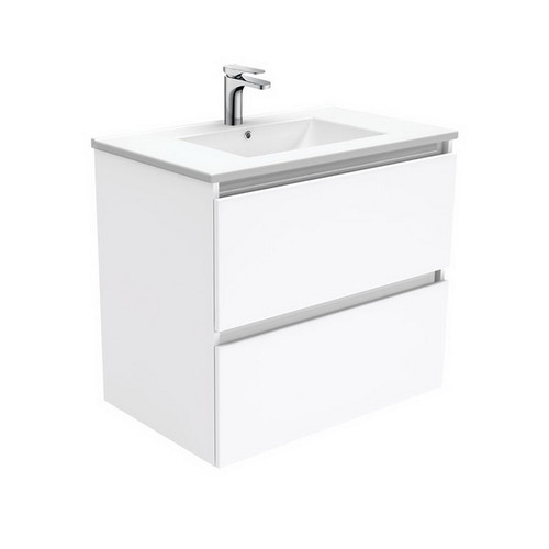 Dolce Ceramic Moulded Basin-Top + Quest Gloss White Cabinet Wall Hung 2 Drawer 750mm 1TH [197585]