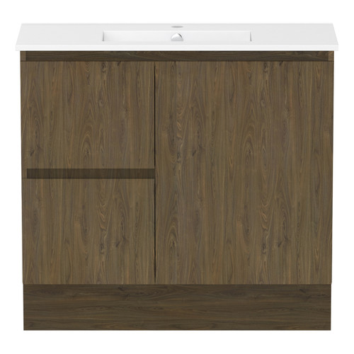 Ascot Floor or Wall Mount Slim Vanity 915mm 2 Drawer LH 1 Door Natural Walnut [299660]