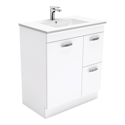 Dolce 750mm Ceramic Unicab Vanity On Kickboard Left Drawers Solid/Handle White 1 Tap Hole [153193]