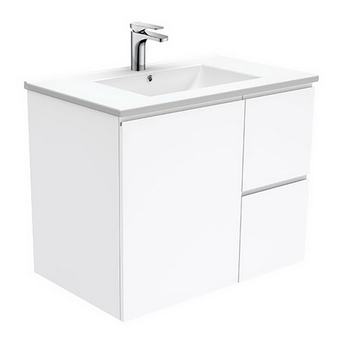 Dolce 750mm Ceramic Moulded Basin-Top + Fingerpull Gloss White Cabinet Wall-Hung 1 Door 2 Right Drawer 1 Tap Hole [165930]