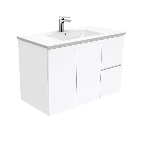 Dolce Ceramic Moulded Basin-Top + Fingerpull Gloss White Cabinet Wall-Hung 2 Door 2 Right Drawer 900mm 1 Tap Hole [165936]
