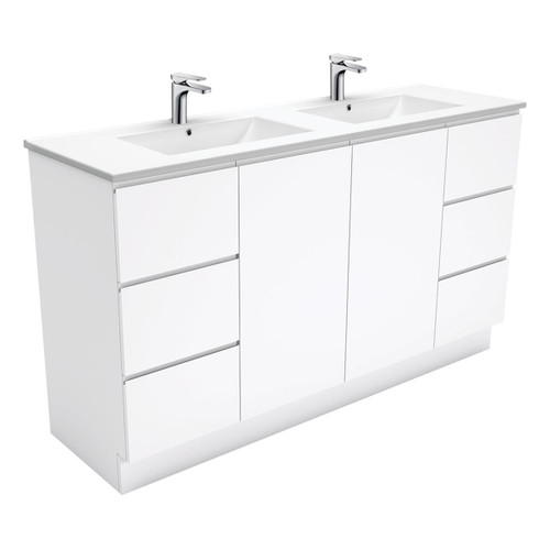 Dolce Fingerpull Double Bowl Vanity On Kickboard 1500mm Gloss White 1 Tap Hole [165943]