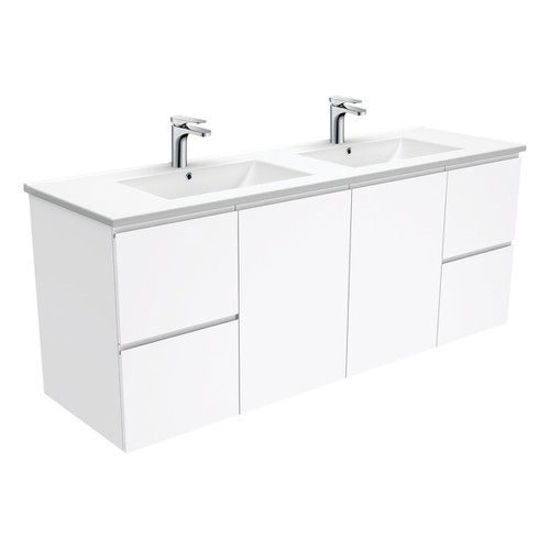 Dolce Fingerpull Double Bowl Wall-Hung Vanity 1500mm Gloss White 1 Tap Hole [165945]