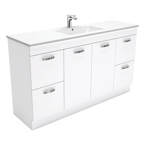 Dolce 1500mm Ceramic Moulded Basin-Top Single Bowl + Unicab Gloss White Cabinet On Kick Board Solid/Handle White 1 Tap Hole [165275]
