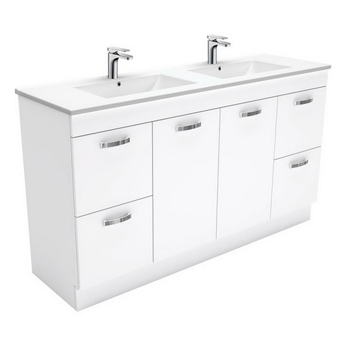 Dolce 1500mm Ceramic Moulded Basin-Top Double Bowl + Unicab Gloss White Cabinet On Kick Board Solid/Handle White 1 Tap Hole [165276]