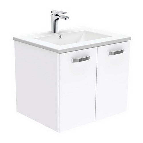 Dolce 600mm Ceramic Moulded Basin-Top + Unicab Gloss White Cabinet 2 Drawers Wall-Hung Solid/Handle 1 Tap Hole [165259]