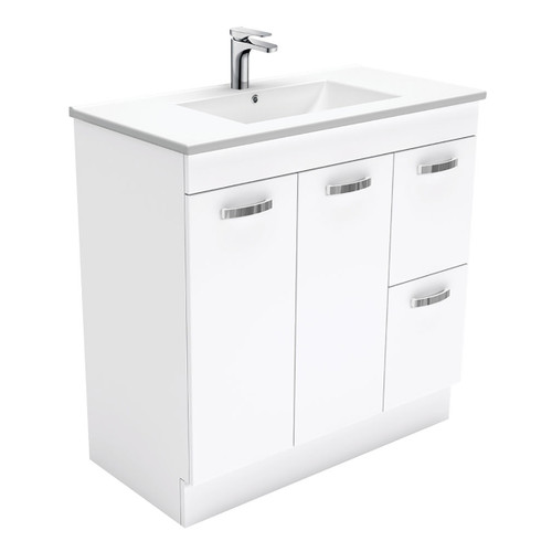 Dolce Ceramic Unicab Vanity On Kickboard Left Drawers Solid/Handle White 900mm 1 Tap Hole [165264]