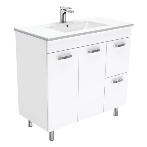 Dolce Ceramic Unicab Vanity On Legs Right Drawers Solid/Handle White 900mm 1 Tap Hole [165267]