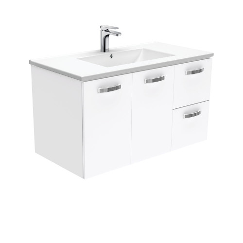 Dolce Ceramic Unicab Wall-Hung Vanity Left Drawers Solid/Handle White 900mm 1 Tap Hole [165268]