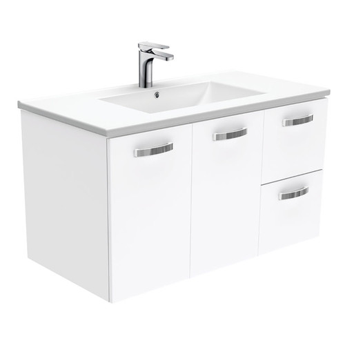 Dolce Ceramic Unicab Wall-Hung Vanity Right Drawers Solid/Handle White 900mm 1 Tap Hole [165269]