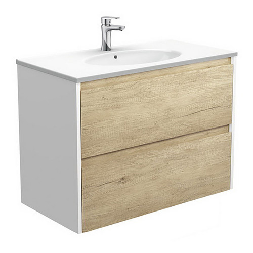 Rotondo 900 Ceramic Moulded Basin-Top + Amato Scandi Oak Cabinet Wall-Hung 2 Drawer 1 Tap Hole [191609]