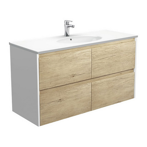 Rotondo 1200 Ceramic Moulded Basin-Top + Amato Scandi Oak Cabinet Wall-Hung 4 Drawer 1 Tap Hole [191611]
