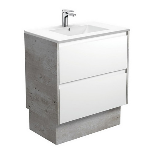 Dolce 750 Ceramic Moulded Basin-Top + Amato Satin White Cabinet On Kick 2 Drawer 1 Tap Hole [191687]