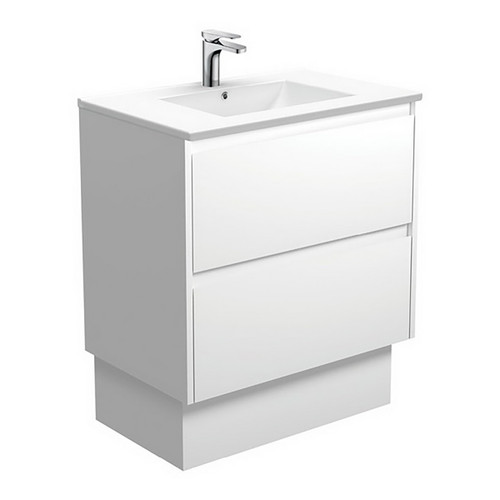Dolce 750 Ceramic Moulded Basin-Top + Amato Satin White Cabinet with Solid Side Panels On Kick Board 2 Drawer 1 Tap Hole [191689]
