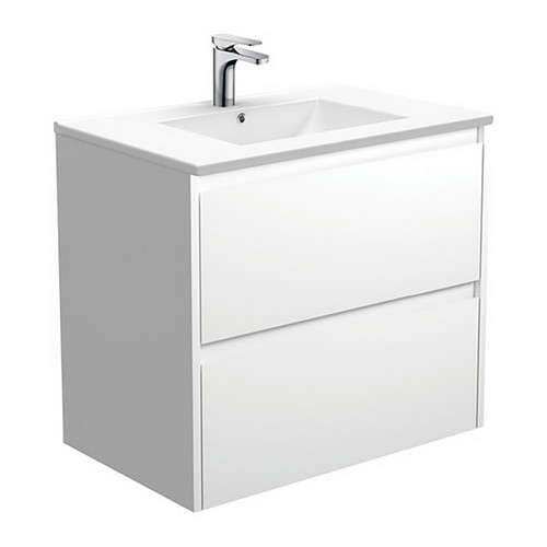 Dolce Ceramic Moulded Basin-Top + Amato Satin White Cabinet with Solid Side Panels Wall-Hung Matte White 2 Drawer 750mm 1 Tap Hole [191690]